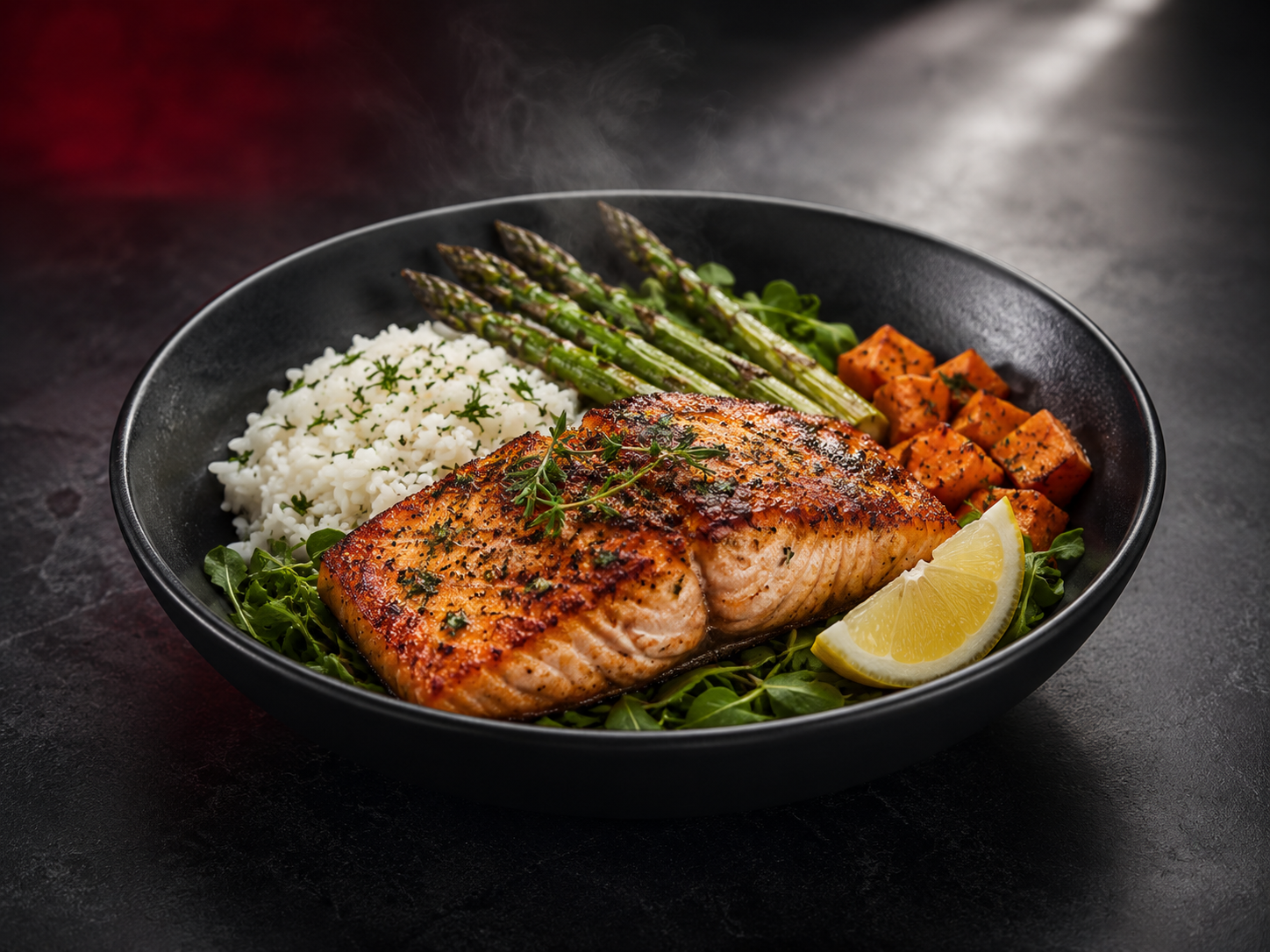 Lemon Herb Salmon — Atlantic salmon, sweet potato, asparagus, greens