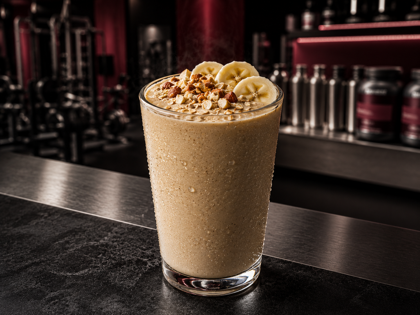 Recovery Smoothie — Whey protein, banana, peanut butter, oats, almond milk