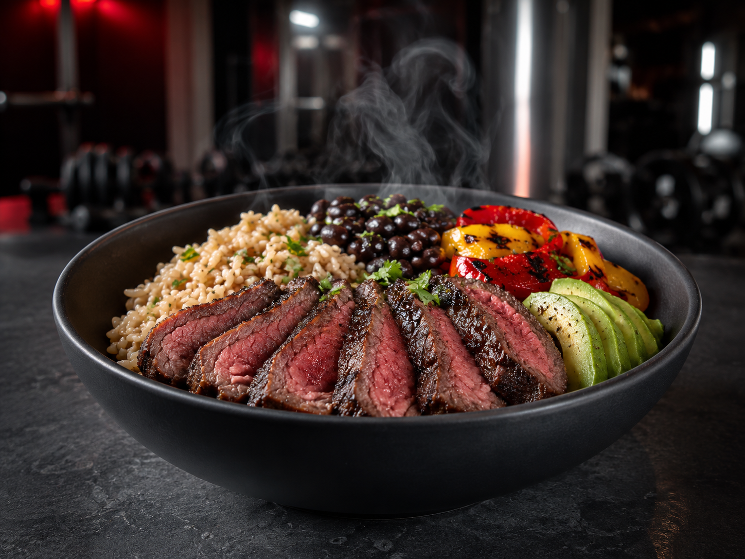 Steak Power Bowl — Lean sirloin, brown rice, black beans, peppers