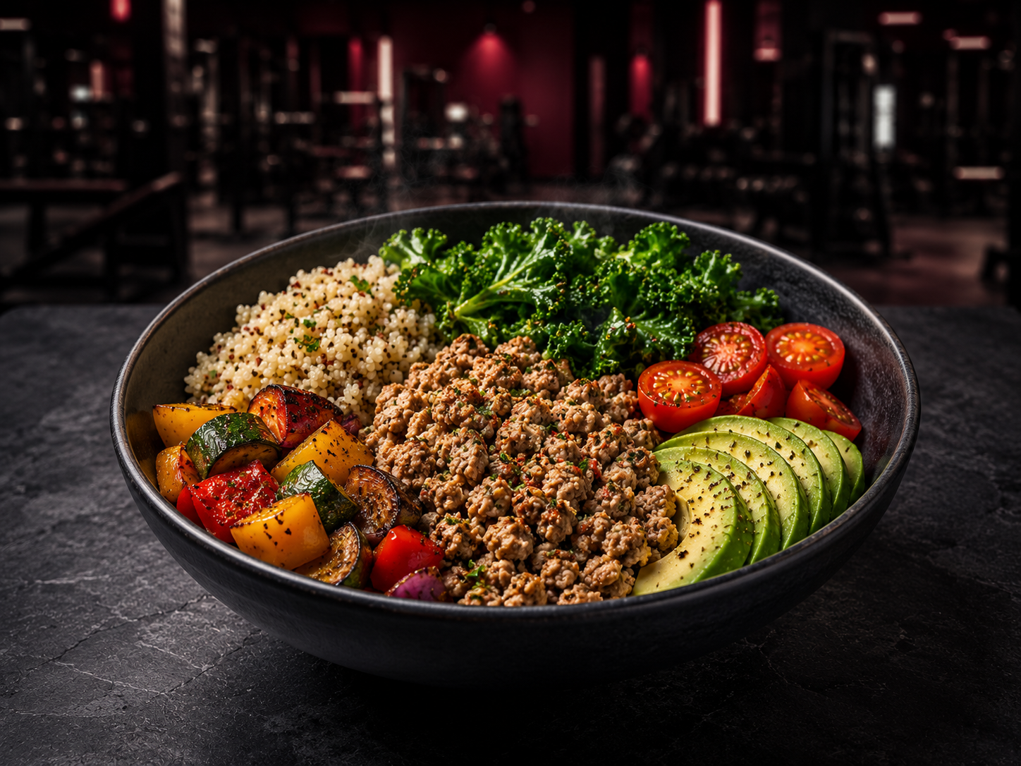 Turkey Macro Bowl — Lean ground turkey, quinoa, kale, roasted veg